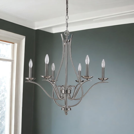 Lámpara de araña de metal regulable de seis luces estilo vela de níquel