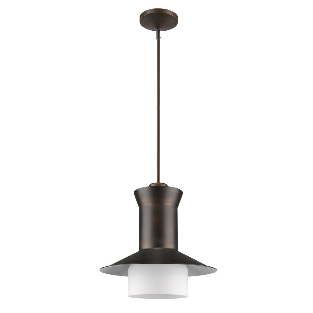 Lámpara colgante Greta de una luz en bronce aceitado con interior blanco brillante y pantalla de cristal grabado.
