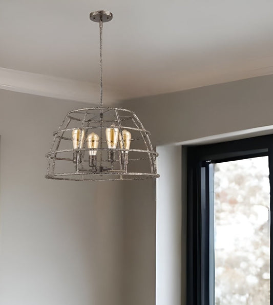 Lámpara colgante de tambor Rebarre de 4 luces en plata antigua con pantalla de jaula abierta