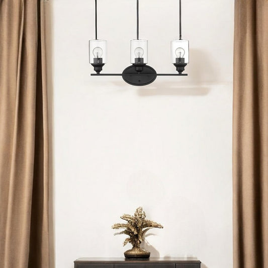 Aplique de pared de tres luces negro mate con pantalla de cristal transparente
