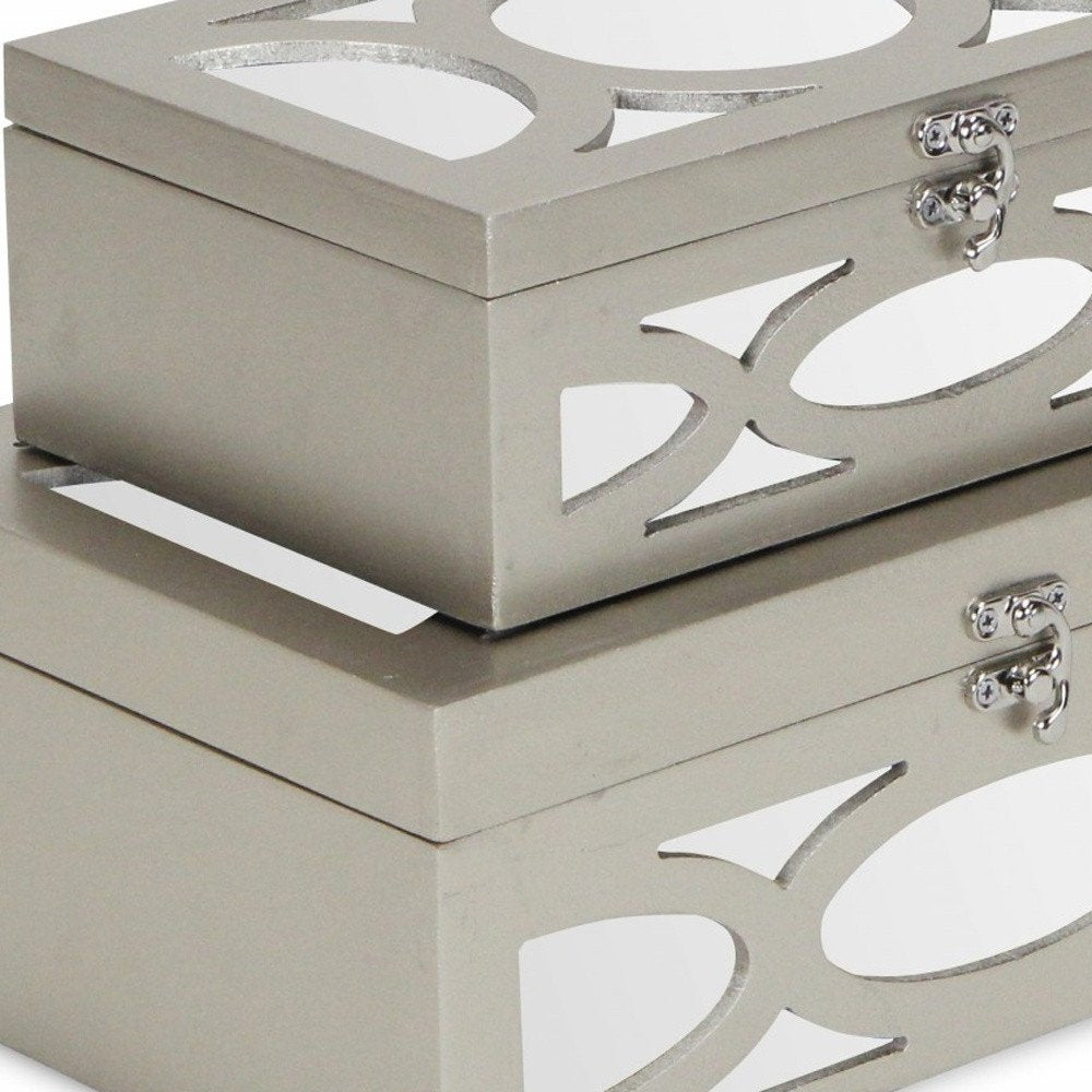 Juego de dos cajas de almacenamiento de joyas con espejo ovalado color canela