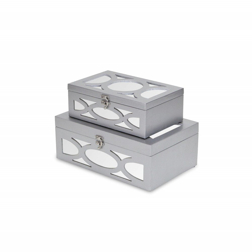 Set of Two Silver Oval Scroll Mirror Jewelry Storage Boxes