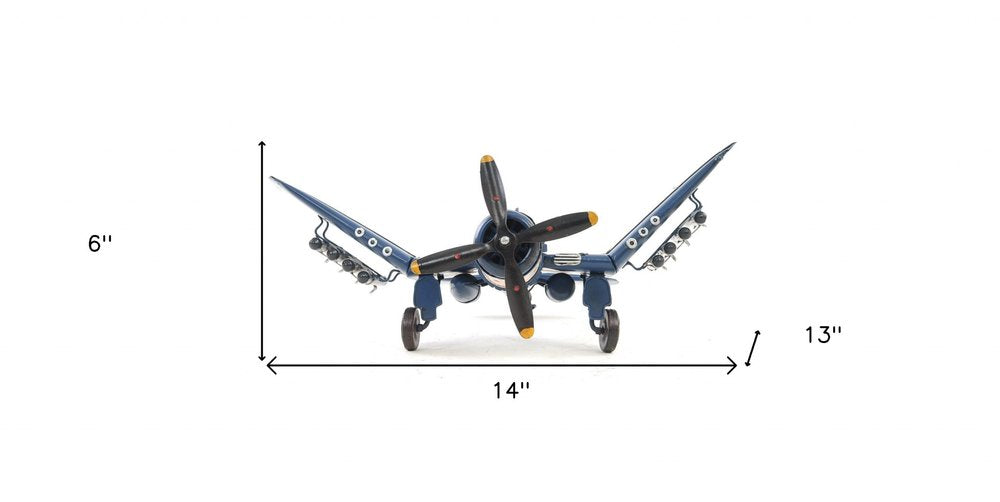 Escultura de sobremesa de avión a escala de 15 cm, de metal azul, pintada a mano