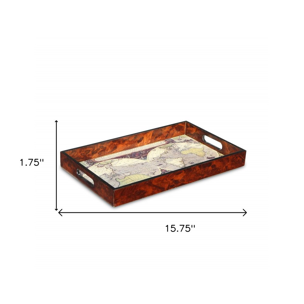 Bandeja para servir vintage de madera de nogal con mapa del mundo