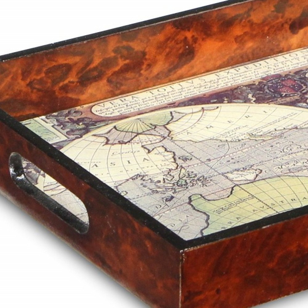Bandeja para servir vintage de madera de nogal con mapa del mundo