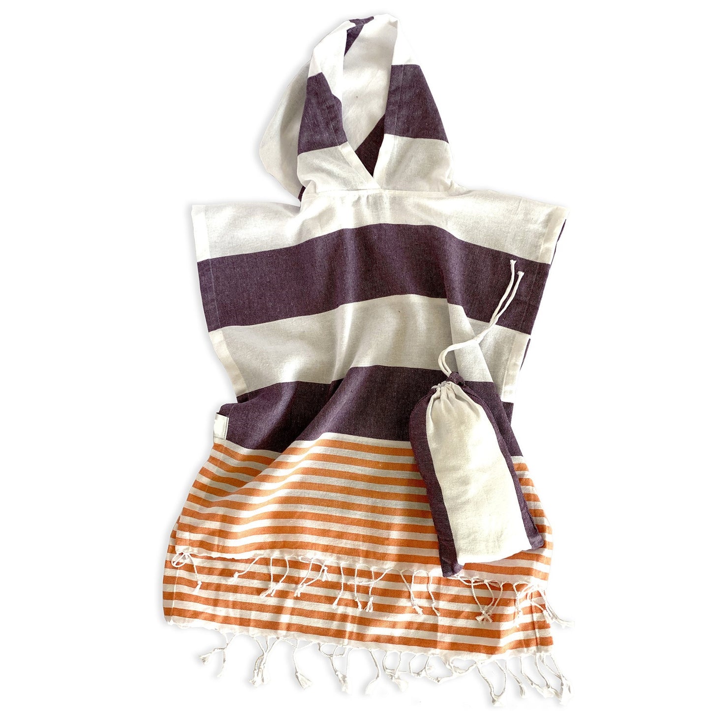 Toalla tipo poncho con diseño de rayas en morado oscuro, naranja y blanco