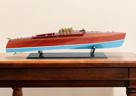 Escultura de mesa de barco de madera maciza de 9" pintada a mano en azul y marrón