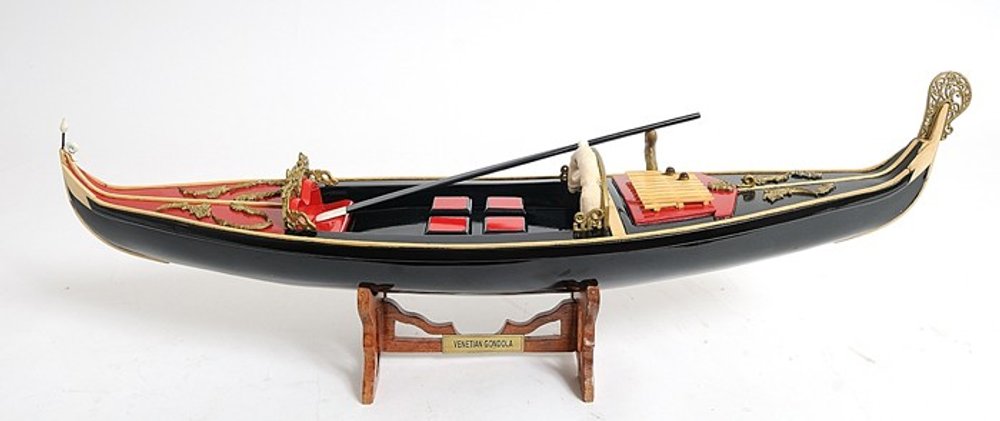 Góndola veneciana negra y roja de 8" pintada a mano, decorativa.