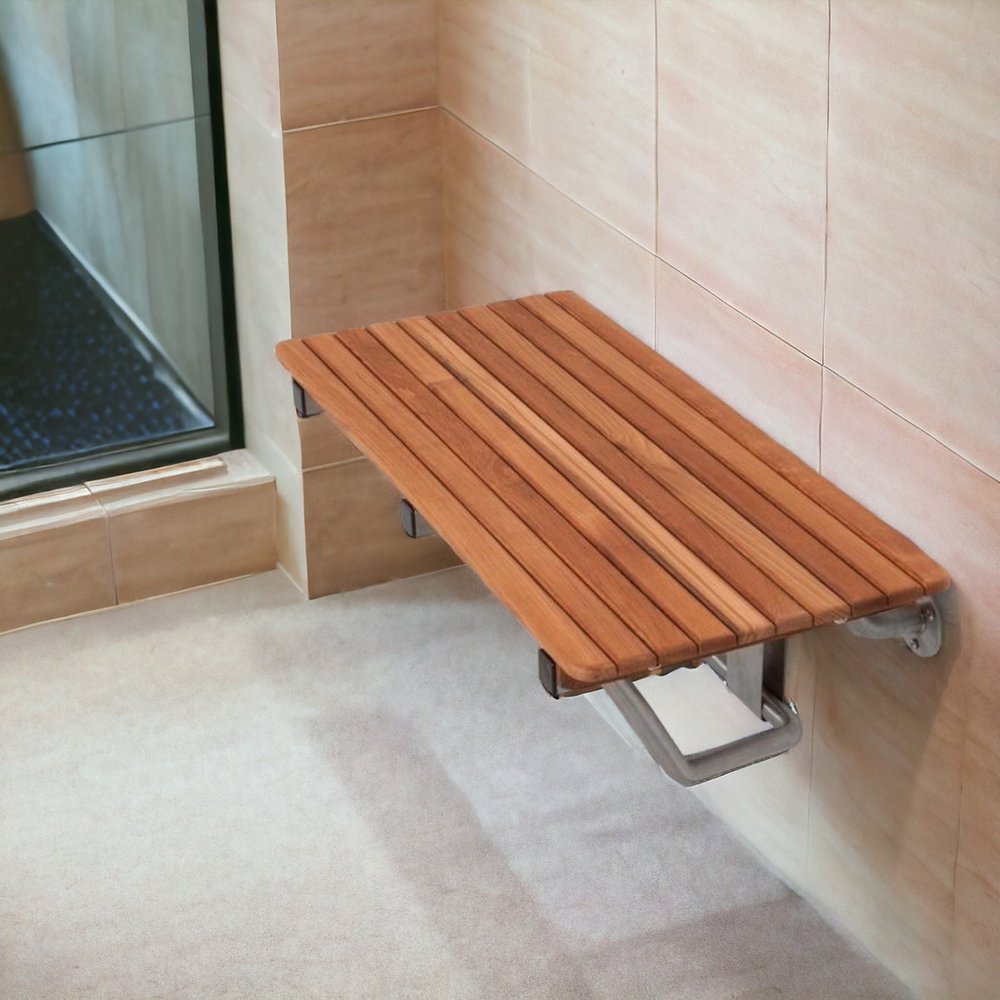 Banco de ducha de teca premium marrón de 28" para montaje en pared