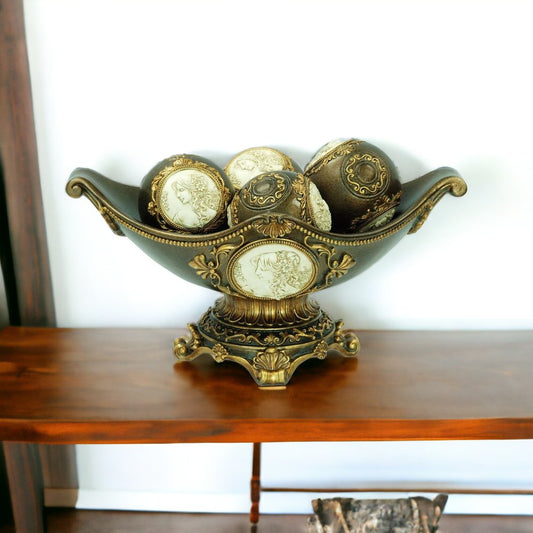 Cuenco decorativo griego clásico de poliresina de bronce de 20 cm con orbes