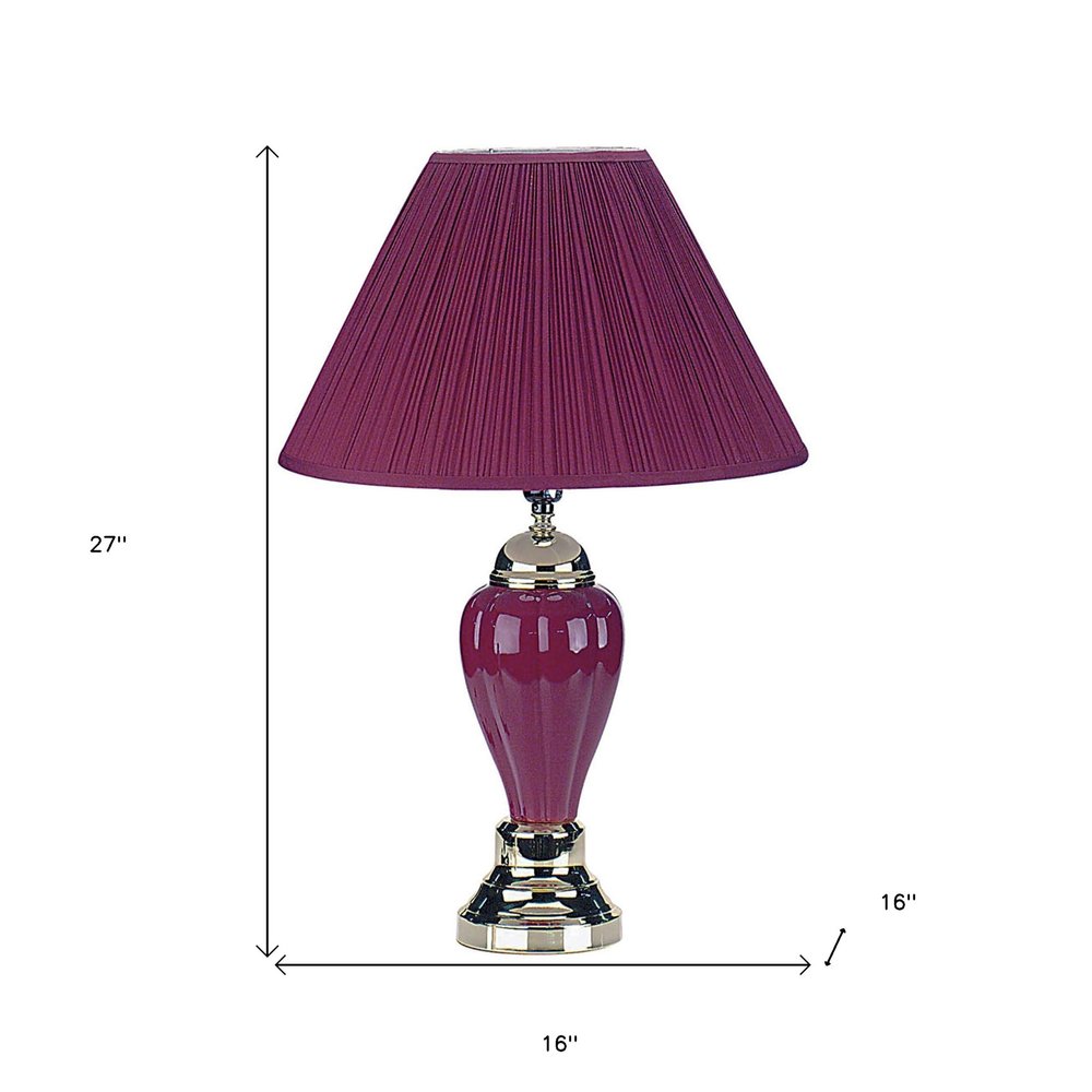 Lámpara de mesa de noche de cerámica plateada de 27" con pantalla estilo imperio magenta