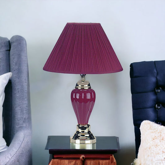 Lámpara de mesa de noche de cerámica plateada de 27" con pantalla estilo imperio magenta
