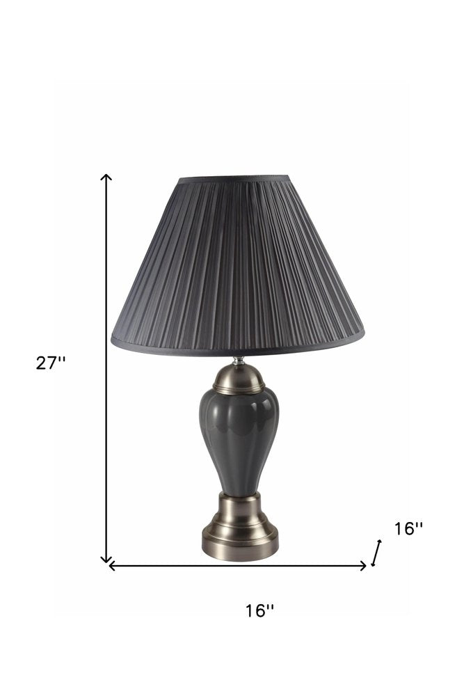 Lámpara de mesa de noche de cerámica plateada de 27" con pantalla estilo imperio marrón