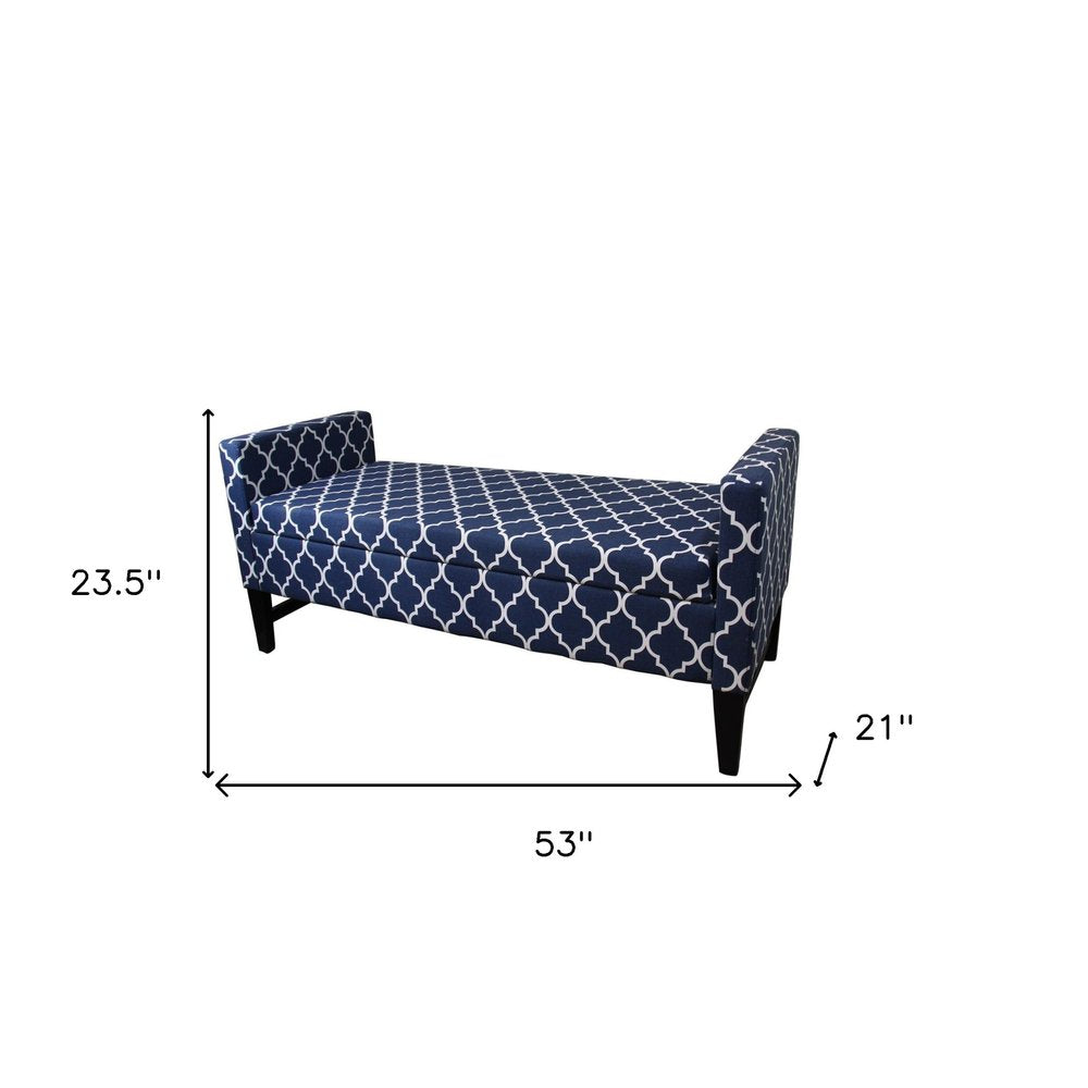 Blue and White Quatrefoil Dark Wood Storage Bench