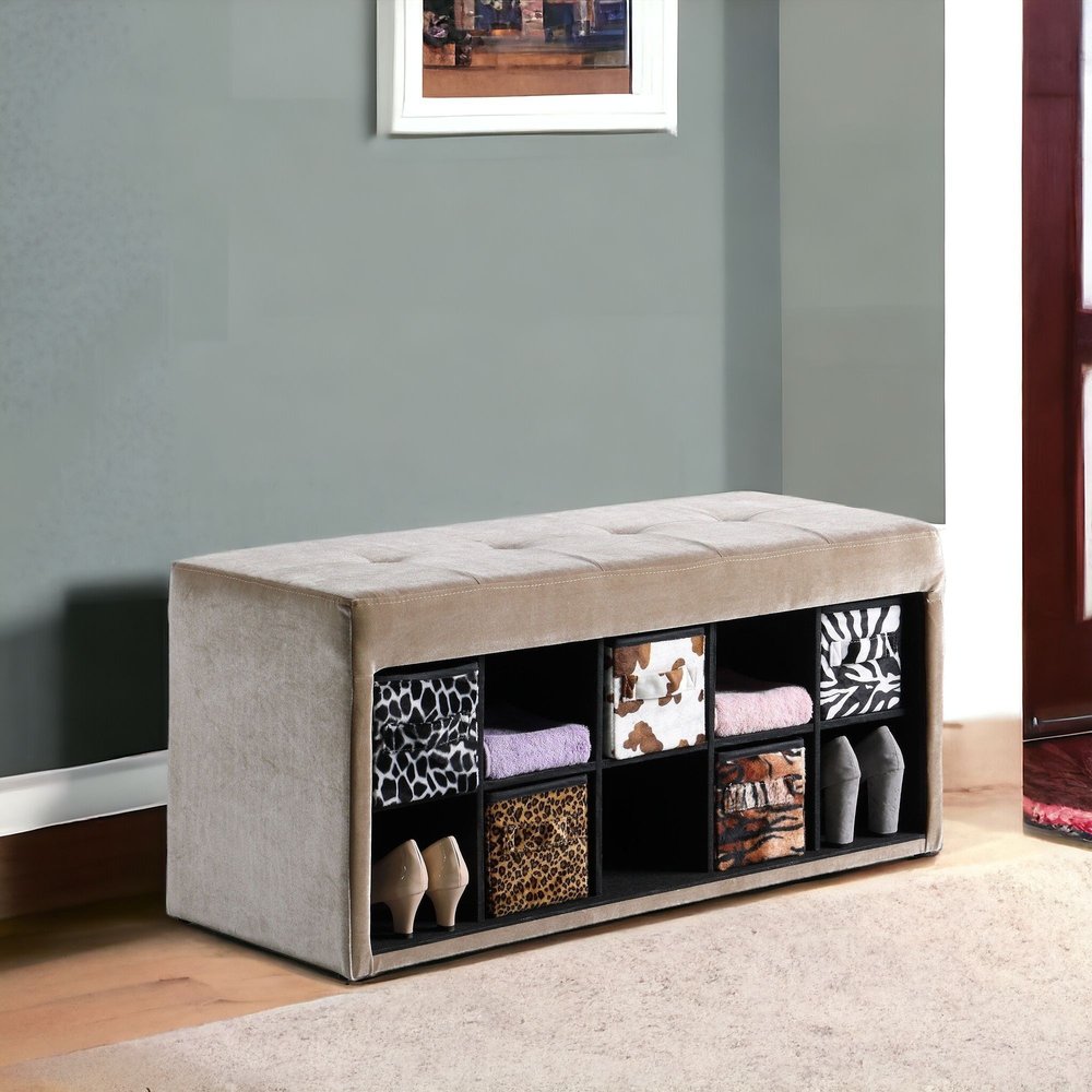 16" Black And Beige Upholstered 100% Polyester Entryway Bench With Shelves
