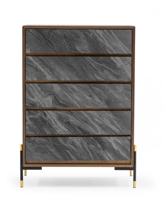 Cómoda de cinco cajones de madera manufacturada de 30" en nogal y gris