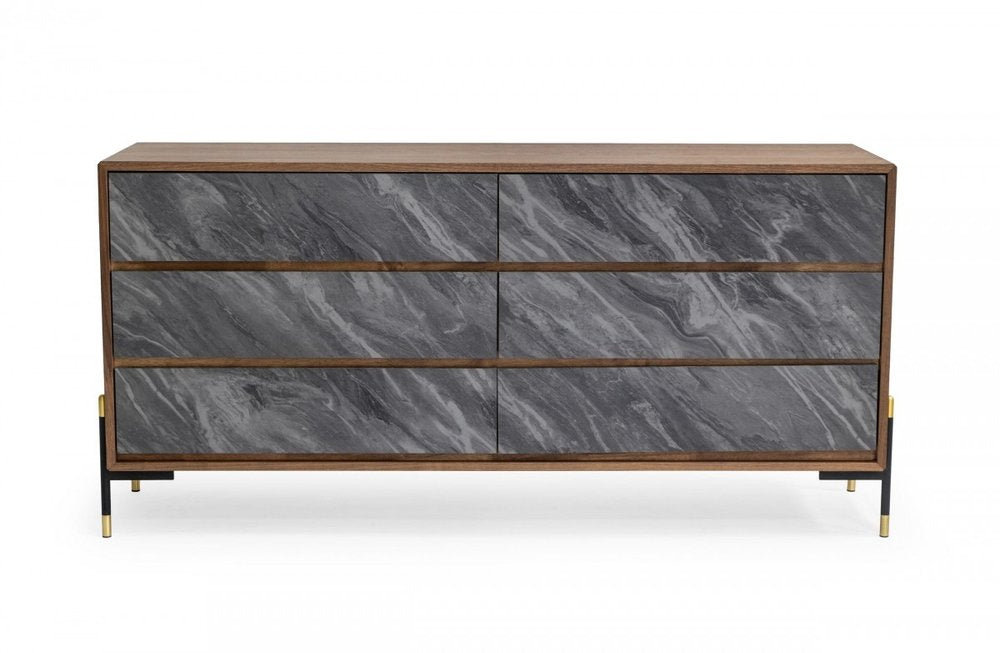 Cómoda de cinco cajones de madera manufacturada de 30" en nogal y gris