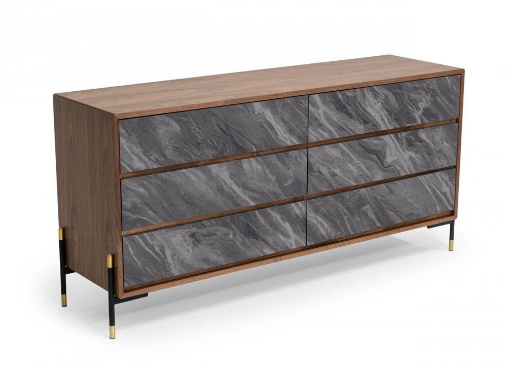 Cómoda de cinco cajones de madera manufacturada de 30" en nogal y gris