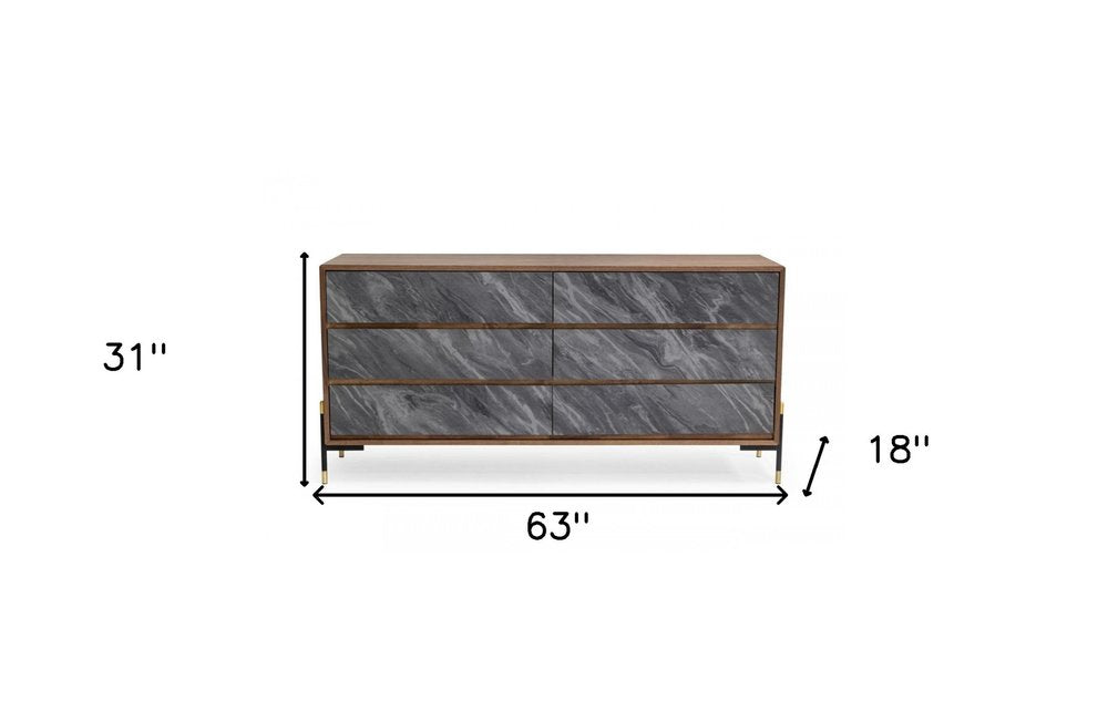 Cómoda de cinco cajones de madera manufacturada de 30" en nogal y gris