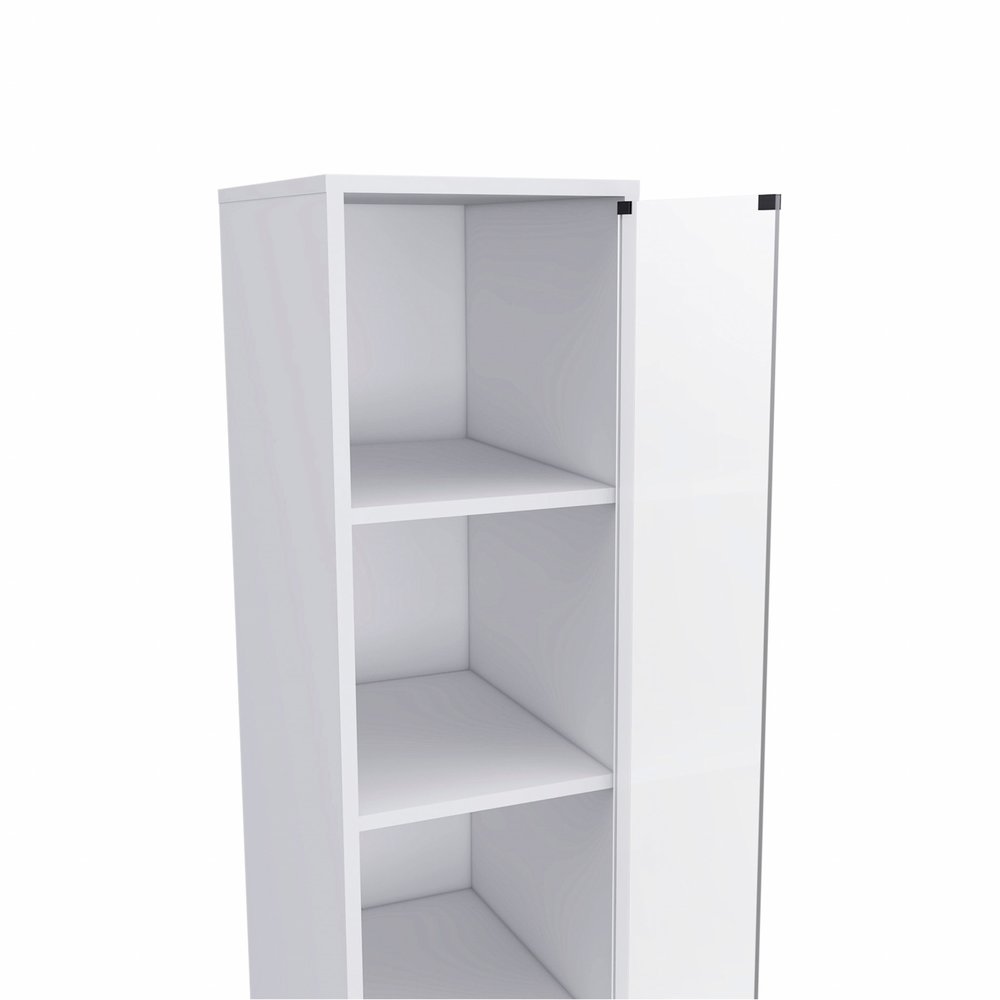 Mueble de baño blanco con puerta de cristal y cajones deslizantes