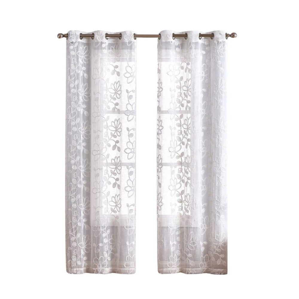 Set of Two 84" White Floral Embroidered Window Panels