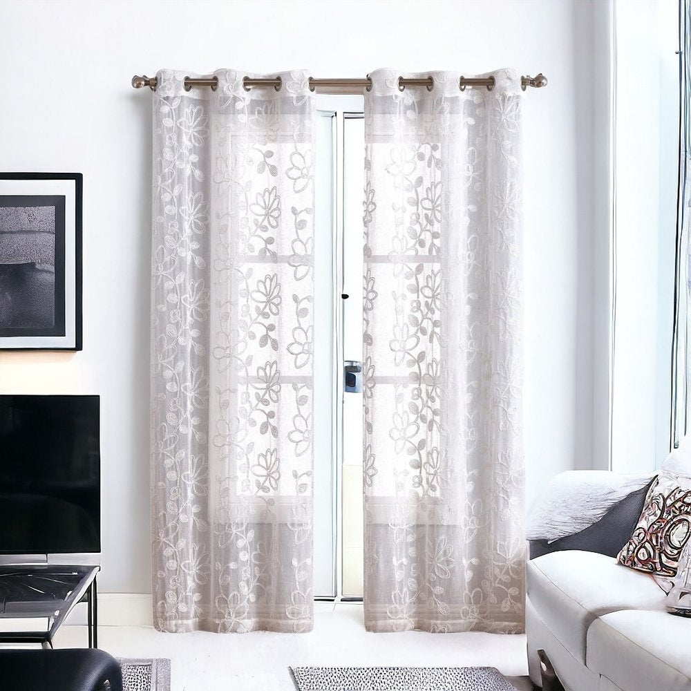 Set of Two 84" White Floral Embroidered Window Panels