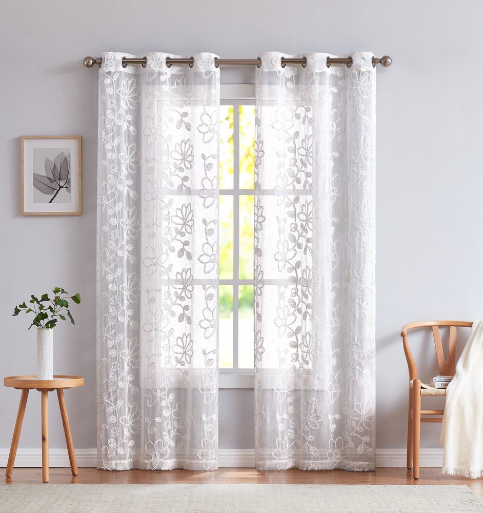 Set of Two 84" White Floral Embroidered Window Panels