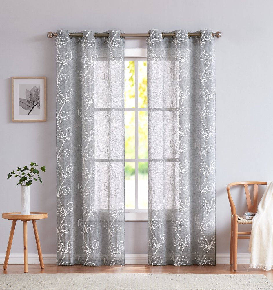 Set of Two 96" Silver Boho Embroidered Window Panels