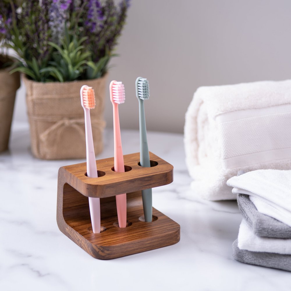 Portacepillos de dientes de teca auténtica de diseño