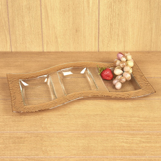 Plato para servir rectangular de vidrio transparente y dorado de 17 pulgadas, hecho a mano y dividido.