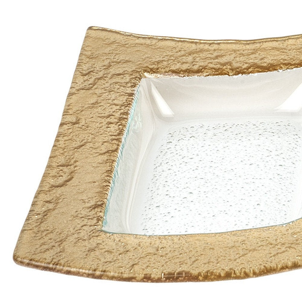 Plato para servir rectangular de vidrio transparente y dorado de 17 pulgadas, hecho a mano y dividido.