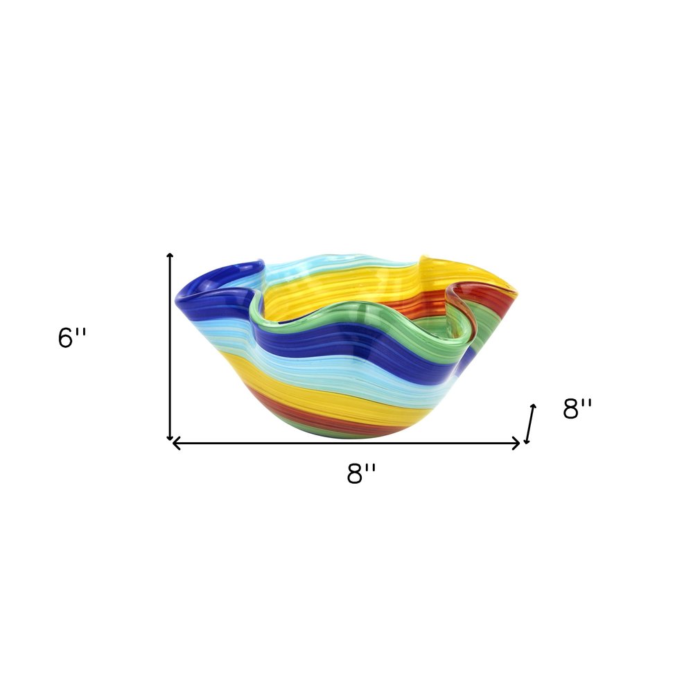 8" Rainbow Murano Glass Wavy Serving Bowl