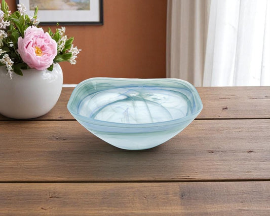Ensaladera cuadrada de vidrio de alabastro azul agua y blanco de 25 cm