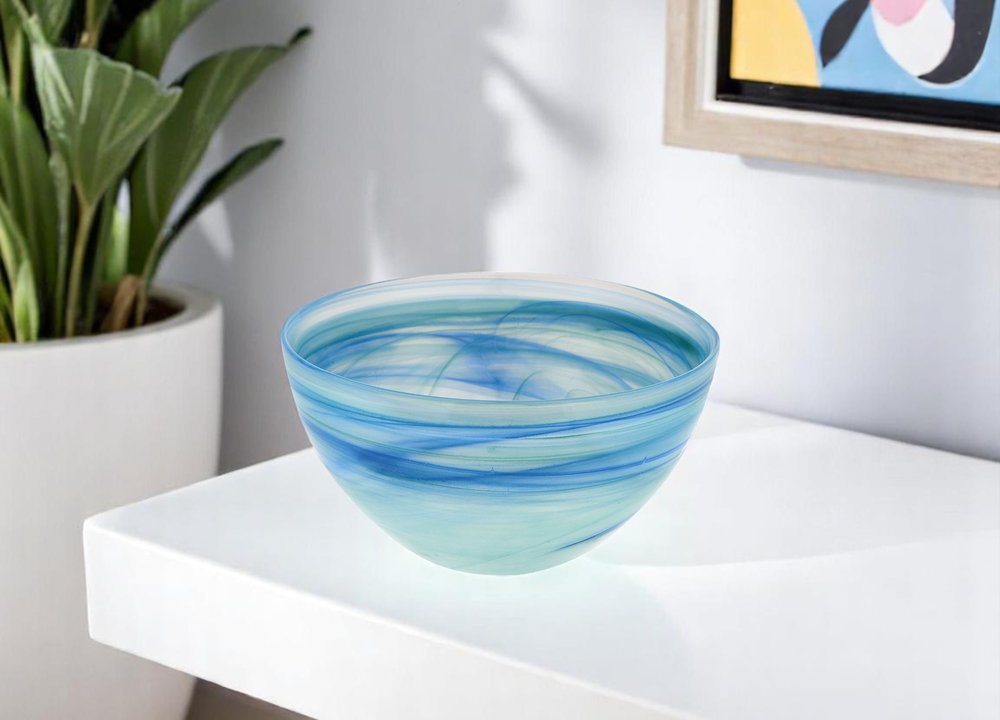 Juego de dos cuencos redondos de 15 cm de vidrio alabastro azul agua y blanco para dulces o frutos secos