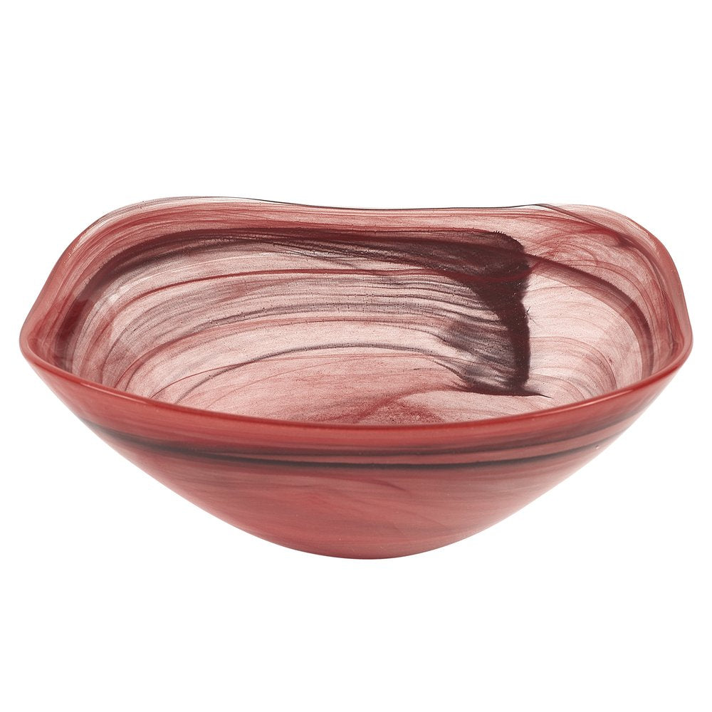 10" Red And White Alabaster Glass Square Salad Bowl