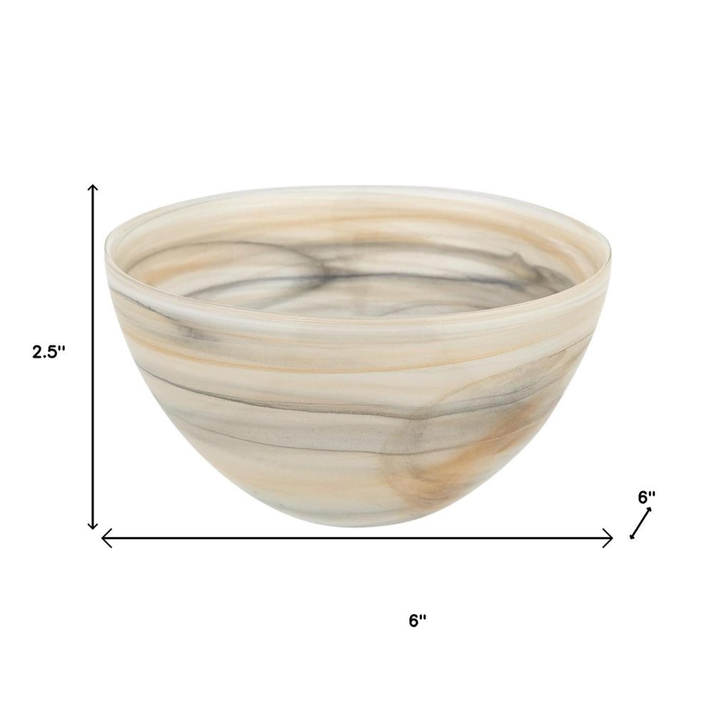 6" Taupe And White Alabaster Glass Round Candy or Nut Bowl