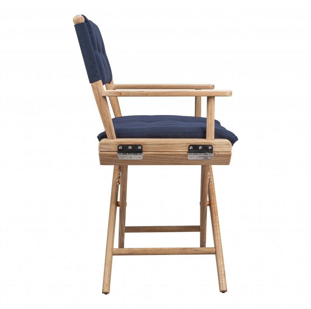 Silla de director de madera maciza azul marino y marrón con cojín azul marino