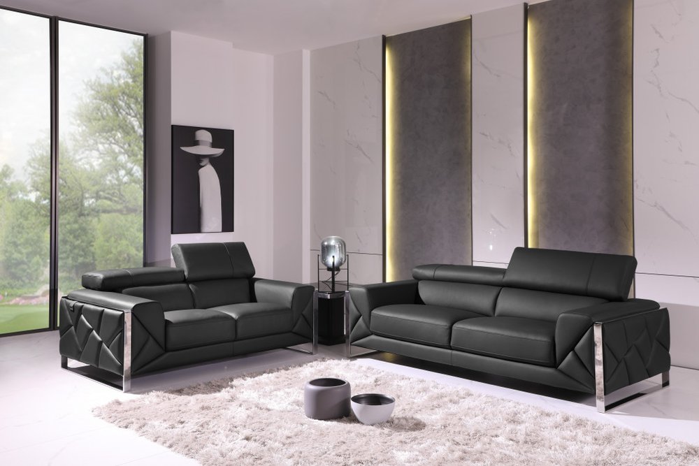 Conjunto de asientos para cinco personas en cuero italiano gris oscuro de dos piezas para interiores