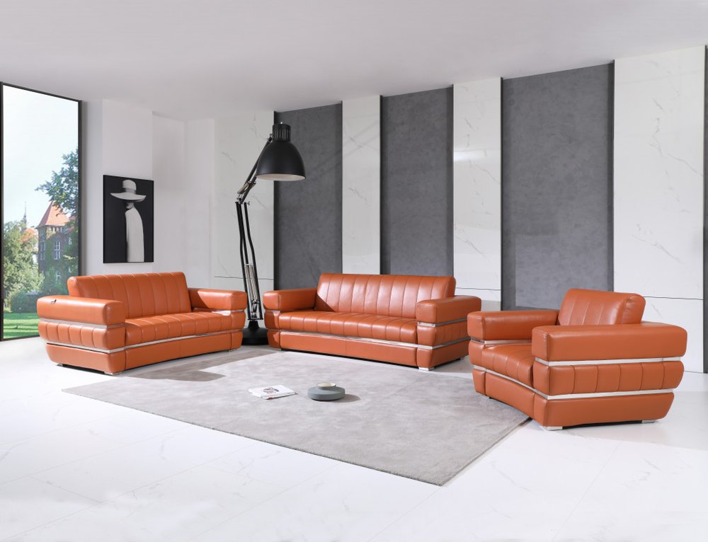 Conjunto de asientos para seis personas en cuero italiano color camello para interiores de tres piezas