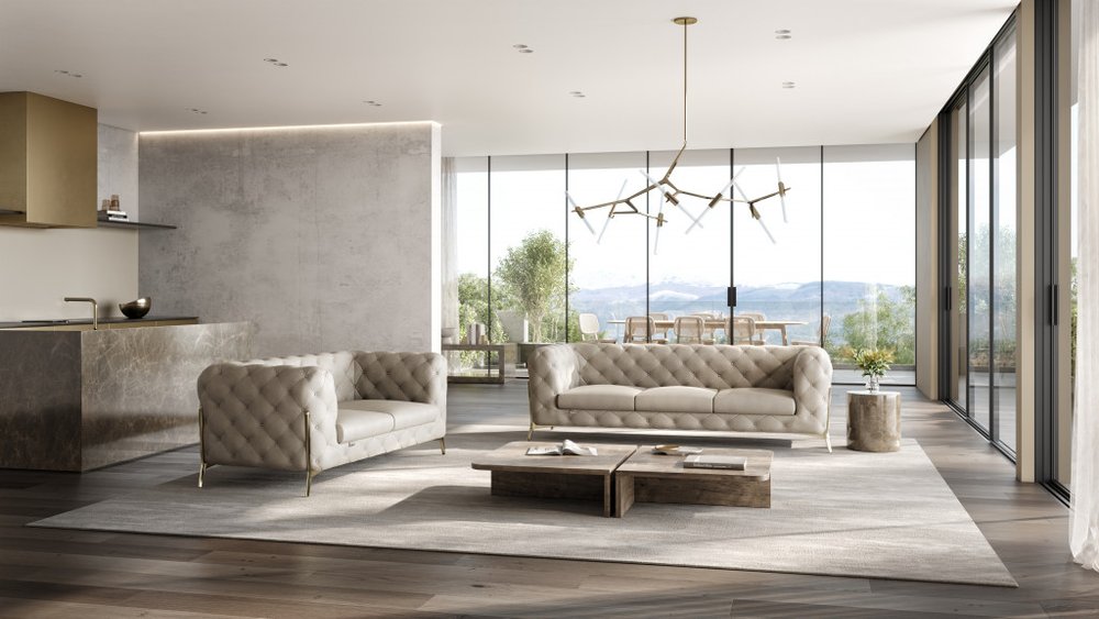 Conjunto de asientos para cinco personas de cuero italiano beige de dos piezas para interiores