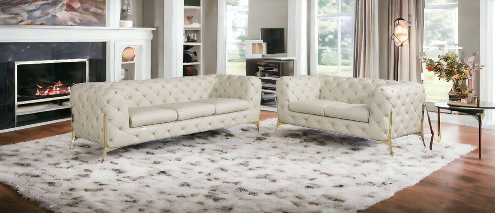 Conjunto de asientos para cinco personas de cuero italiano beige de dos piezas para interiores