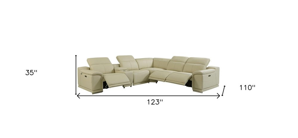 Seccional esquinero de seis piezas en forma de U, reclinable eléctrico, de cuero italiano beige con consola