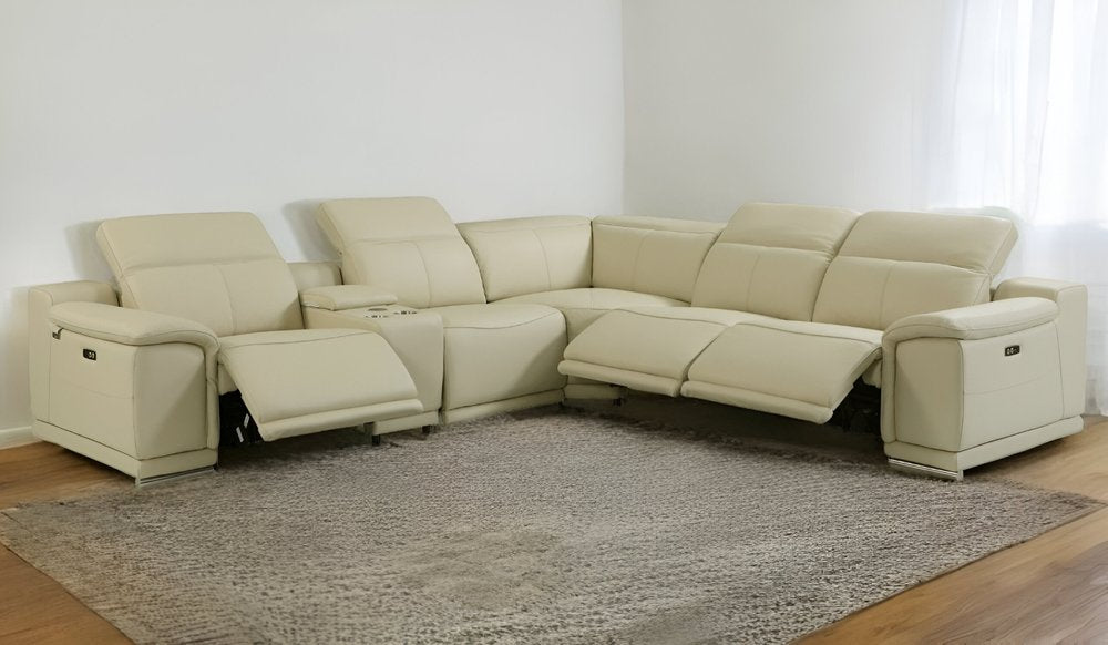 Seccional esquinero de seis piezas en forma de U, reclinable eléctrico, de cuero italiano beige con consola