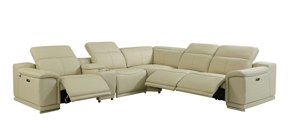 Seccional esquinero de seis piezas en forma de U, reclinable eléctrico, de cuero italiano beige con consola