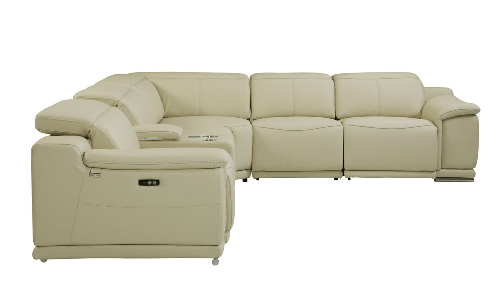 Seccional esquinero de seis piezas en forma de U, reclinable eléctrico, de cuero italiano beige con consola