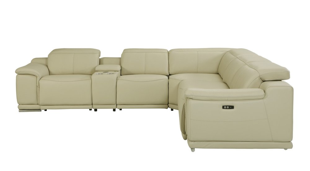 Seccional esquinero de seis piezas en forma de U, reclinable eléctrico, de cuero italiano beige con consola