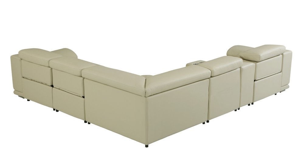 Seccional esquinero de seis piezas en forma de U, reclinable eléctrico, de cuero italiano beige con consola