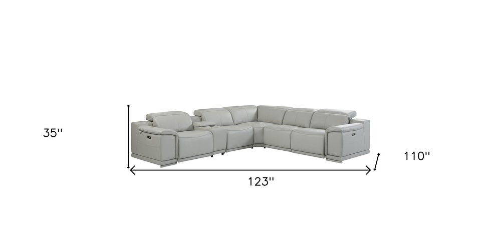 Seccional esquinero de seis piezas en forma de U, reclinable eléctrico, de cuero italiano gris claro con consola