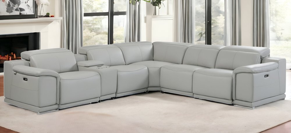 Seccional esquinero de seis piezas en forma de U, reclinable eléctrico, de cuero italiano gris claro con consola