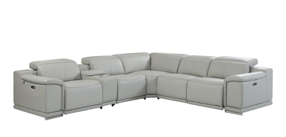 Seccional esquinero de seis piezas en forma de U, reclinable eléctrico, de cuero italiano gris claro con consola
